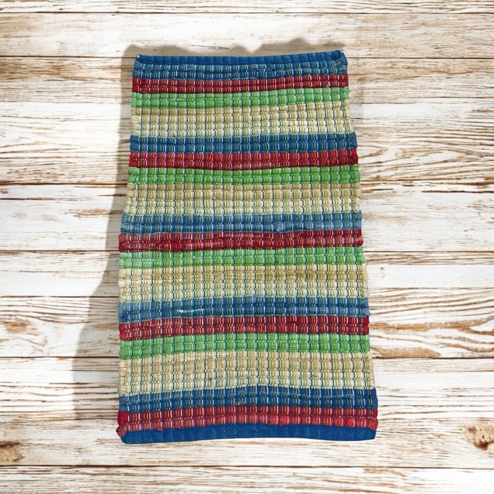 Vintage Thick Handwoven Throw Rug Striped Red White Blue Green Tan 30”x 18”